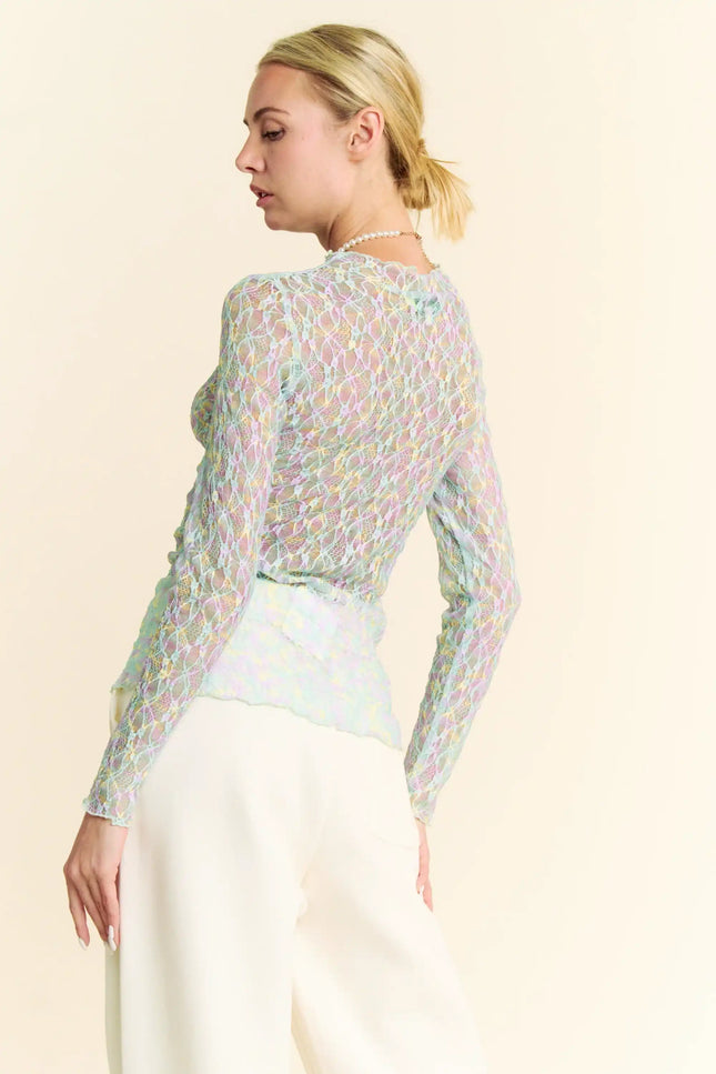 Neon Floral Lace Long Sleeve Mesh Top