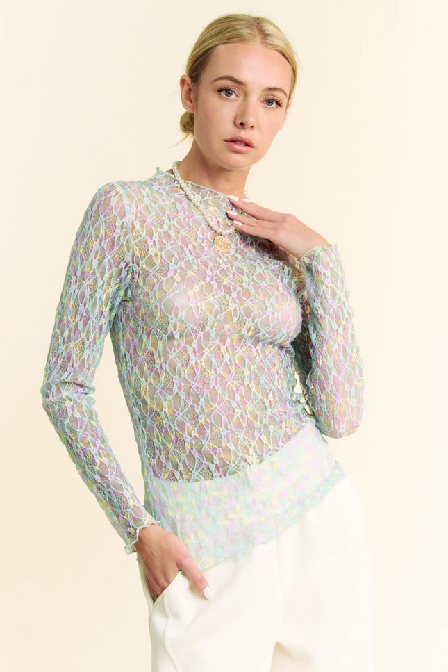 Neon Floral Lace Long Sleeve Mesh Top