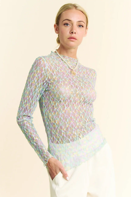 Neon Floral Lace Long Sleeve Mesh Top