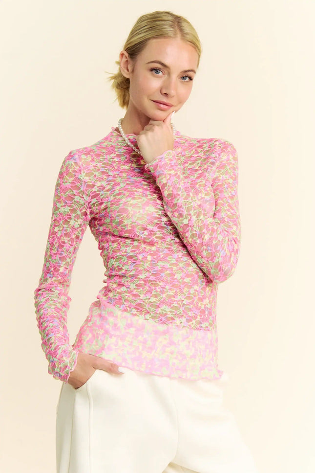 Neon Floral Lace Long Sleeve Mesh Top