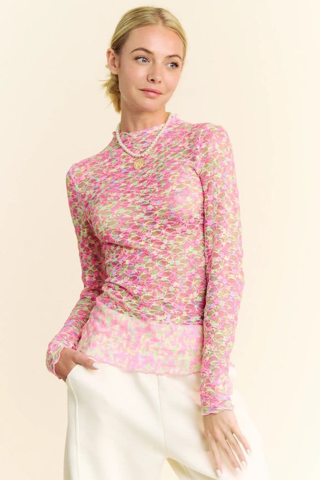 Neon Floral Lace Long Sleeve Mesh Top