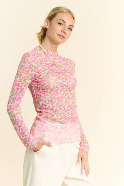 Neon Floral Lace Long Sleeve Mesh Top
