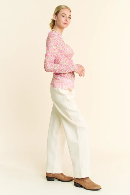 Neon Floral Lace Long Sleeve Mesh Top