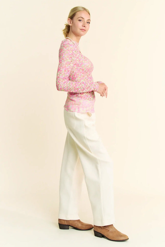 Neon Floral Lace Long Sleeve Mesh Top