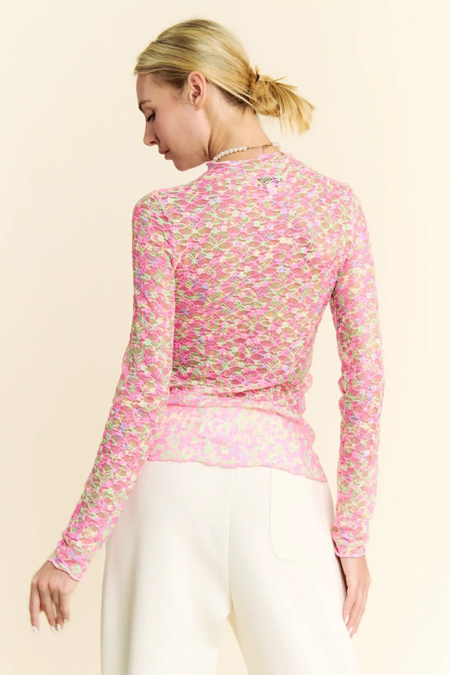 Neon Floral Lace Long Sleeve Mesh Top