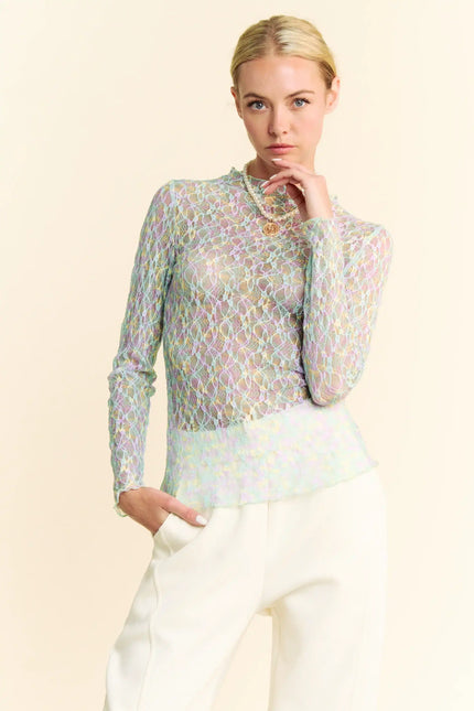 Neon Floral Lace Long Sleeve Mesh Top