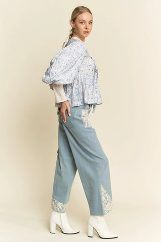 Soft Blue Floral Bow Tie Peplum Blouse