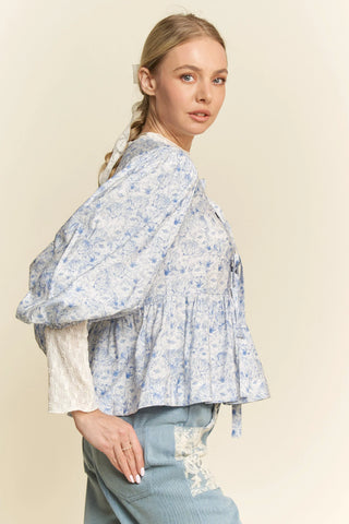 Soft Blue Floral Bow Tie Peplum Blouse