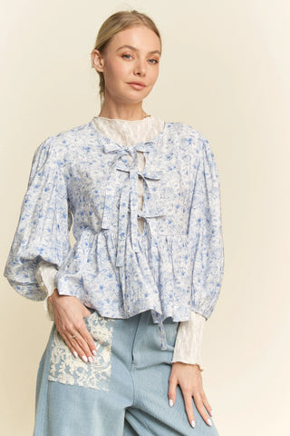 Soft Blue Floral Bow Tie Peplum Blouse