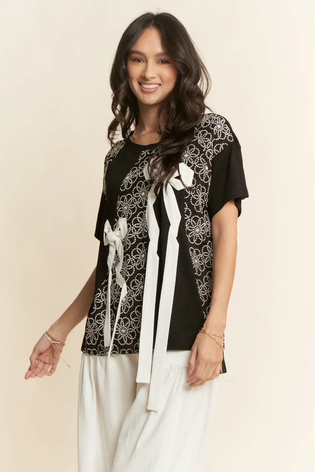 Embellished Floral Bow Tee – Short Sleeve Beaded Graphic Top