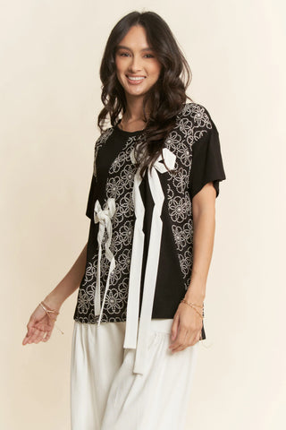Embellished Floral Bow Tee – Short Sleeve Beaded Graphic Top