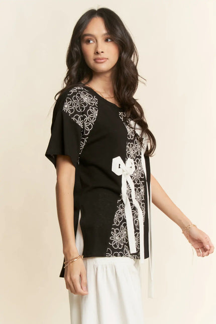 Embellished Floral Bow Tee – Short Sleeve Beaded Graphic Top