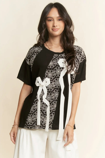 Embellished Floral Bow Tee – Short Sleeve Beaded Graphic Top