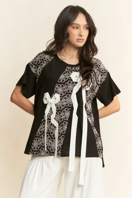 Embellished Floral Bow Tee – Short Sleeve Beaded Graphic Top