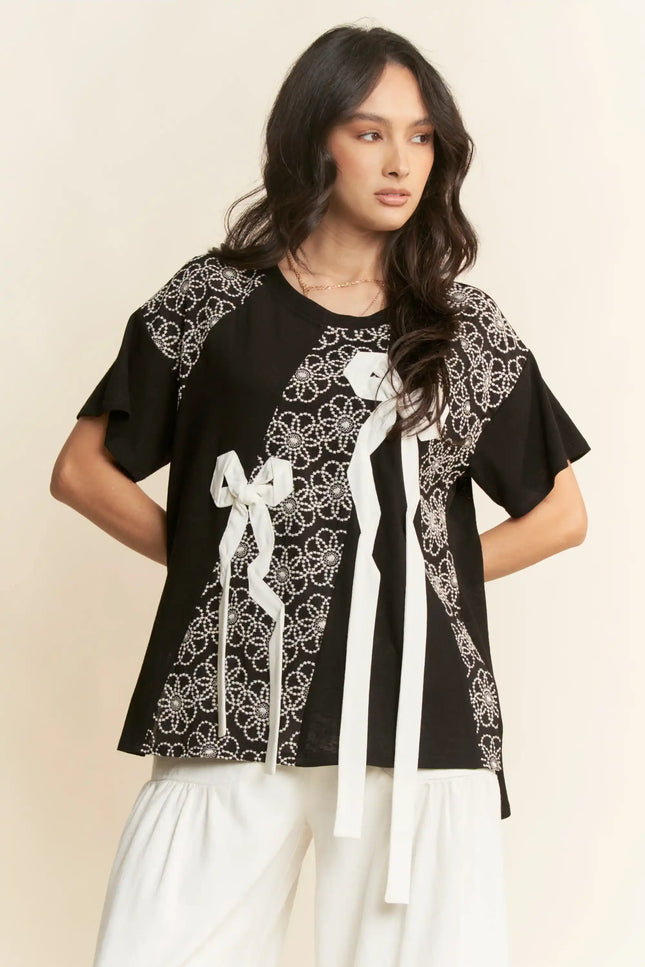 Embellished Floral Bow Tee – Short Sleeve Beaded Graphic Top