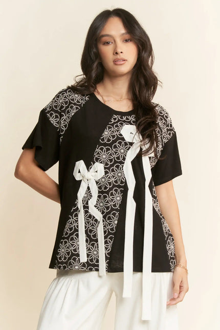 Embellished Floral Bow Tee – Short Sleeve Beaded Graphic Top