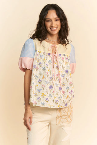 Pastel Floral Patchwork Puff Sleeve Top