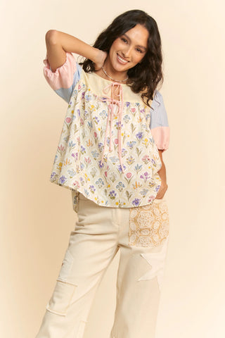 Pastel Floral Patchwork Puff Sleeve Top