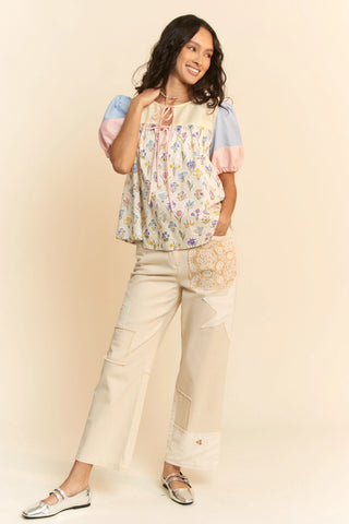 Pastel Floral Patchwork Puff Sleeve Top