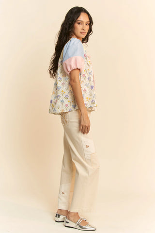 Pastel Floral Patchwork Puff Sleeve Top