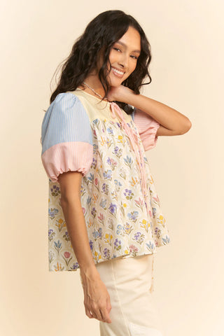 Pastel Floral Patchwork Puff Sleeve Top