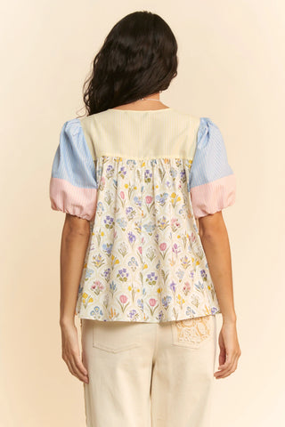 Pastel Floral Patchwork Puff Sleeve Top