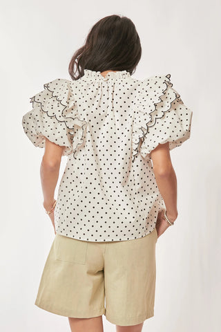 Polka Dot Scallop Puff Sleeve Blouse