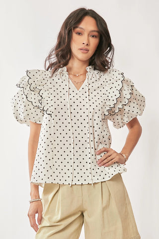 Polka Dot Scallop Puff Sleeve Blouse