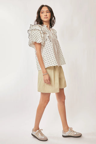 Polka Dot Scallop Puff Sleeve Blouse