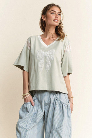 Lace Bow V-Neck Tee