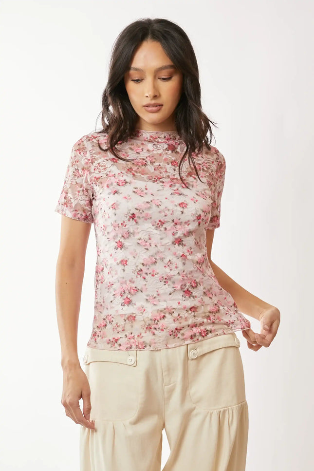 Floral Lace Mesh Short Sleeve Top