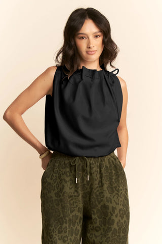Pleated Tie Neck Sleeveless Top – Draped Satin Blouse with Bow Detail