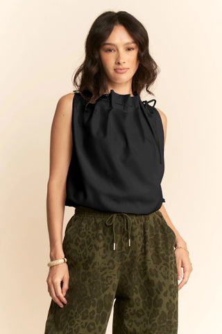 Pleated Tie Neck Sleeveless Top – Draped Satin Blouse with Bow Detail