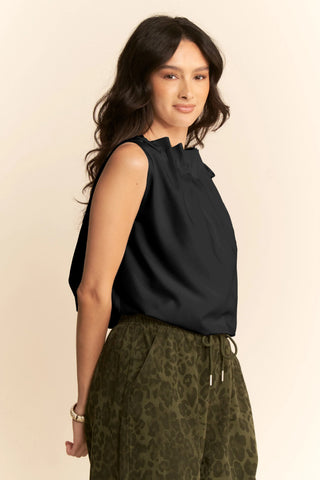 Pleated Tie Neck Sleeveless Top – Draped Satin Blouse with Bow Detail