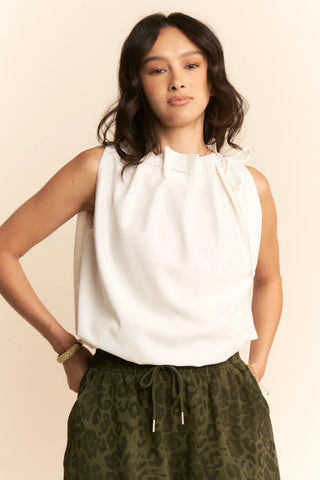 Pleated Tie Neck Sleeveless Top – Draped Satin Blouse with Bow Detail