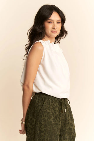 Pleated Tie Neck Sleeveless Top – Draped Satin Blouse with Bow Detail