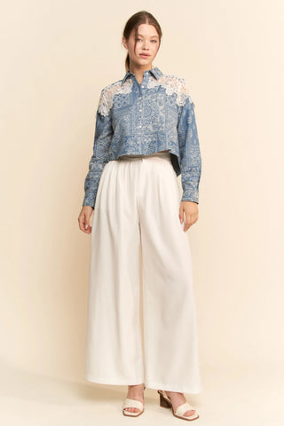 Denim Paisley Button-Down Shirt with Lace Shoulder Detail