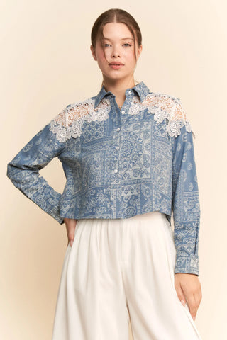 Denim Paisley Button-Down Shirt with Lace Shoulder Detail