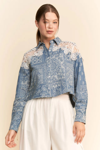 Denim Paisley Button-Down Shirt with Lace Shoulder Detail