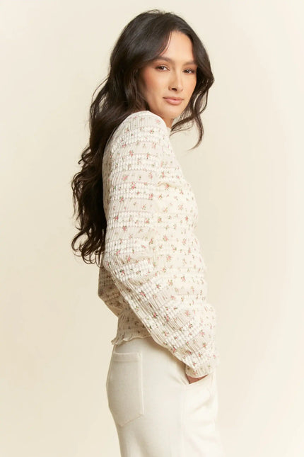 Textured Floral Mesh Long Sleeve Top