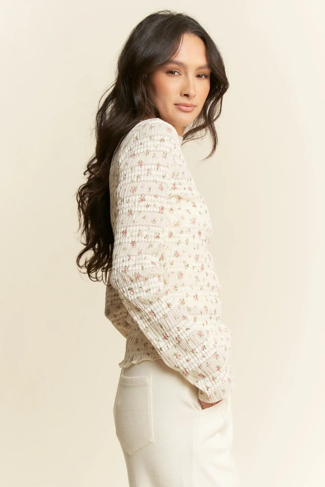 Textured Floral Mesh Long Sleeve Top