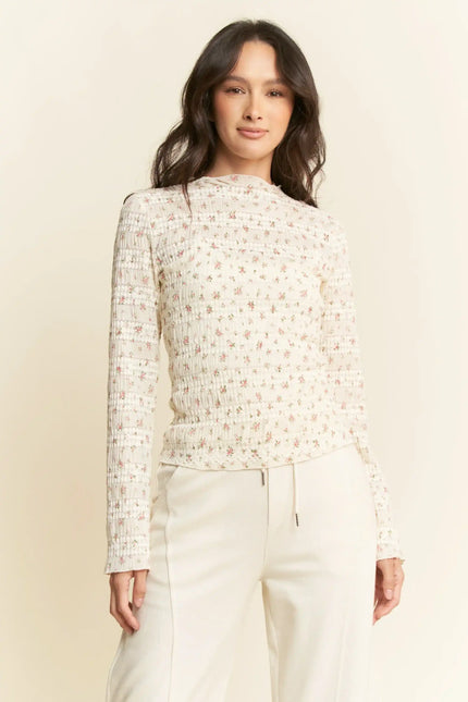 Textured Floral Mesh Long Sleeve Top