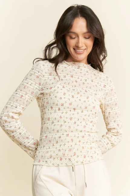 Textured Floral Mesh Long Sleeve Top