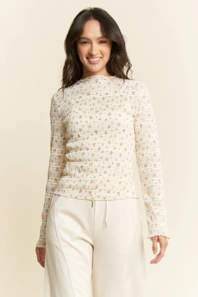 Textured Floral Mesh Long Sleeve Top