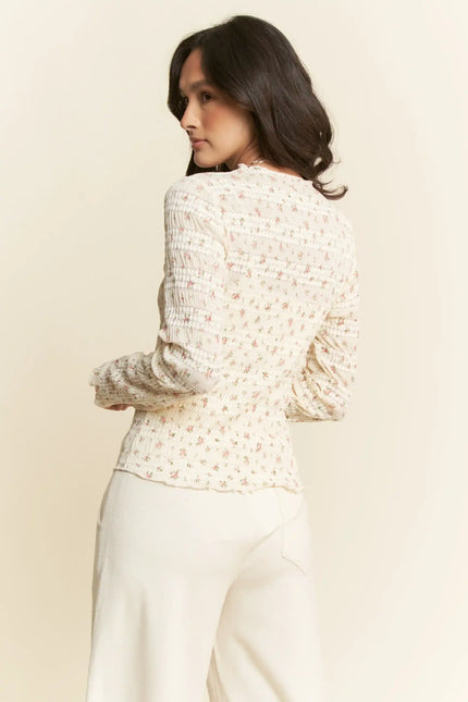 Textured Floral Mesh Long Sleeve Top