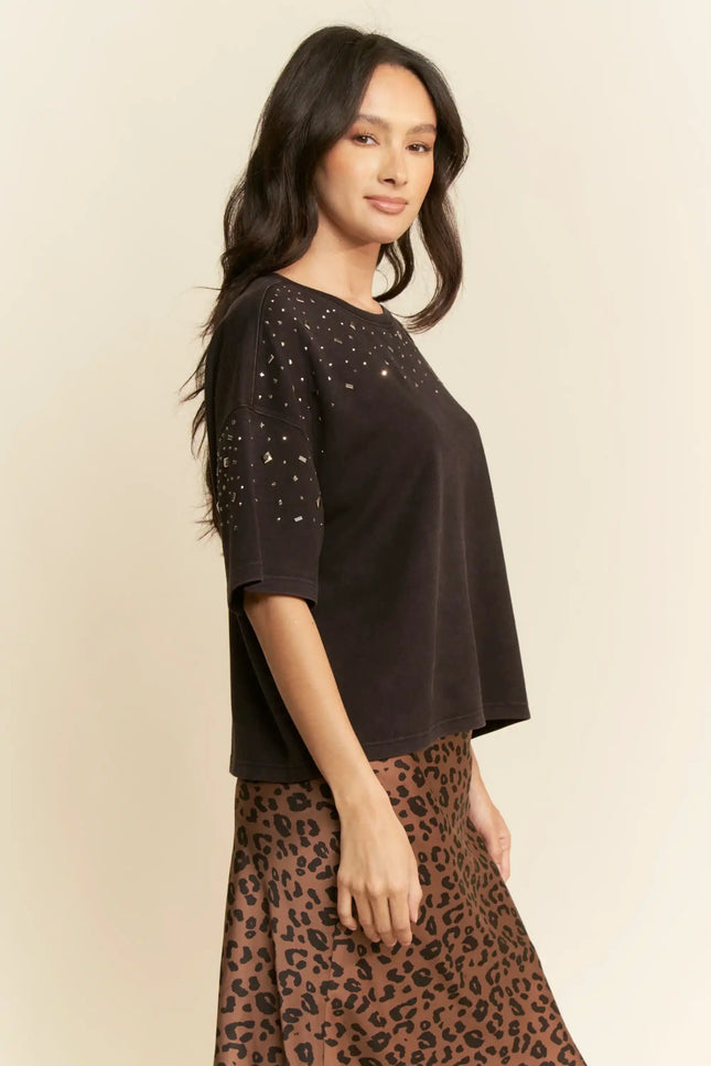 Embellished Knit Top – Boxy Fit Short Sleeve Tee with Mirror Studs