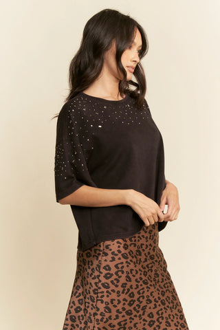 Embellished Knit Top – Boxy Fit Short Sleeve Tee with Mirror Studs