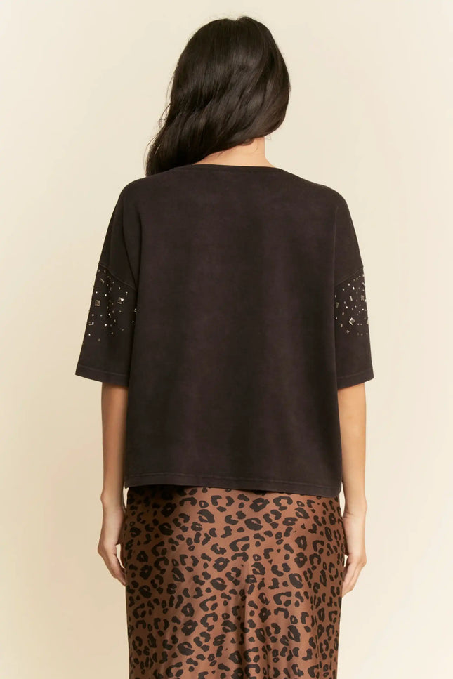 Embellished Knit Top – Boxy Fit Short Sleeve Tee with Mirror Studs