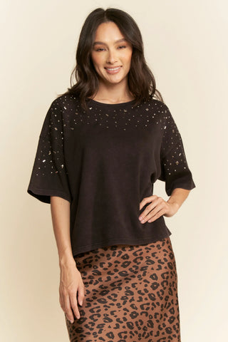 Embellished Knit Top – Boxy Fit Short Sleeve Tee with Mirror Studs