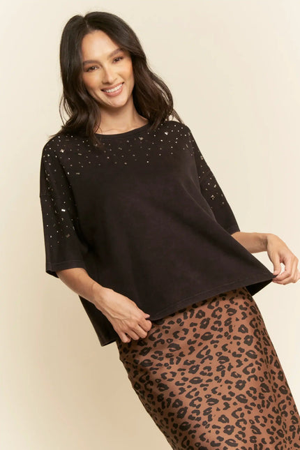 Embellished Knit Top – Boxy Fit Short Sleeve Tee with Mirror Studs